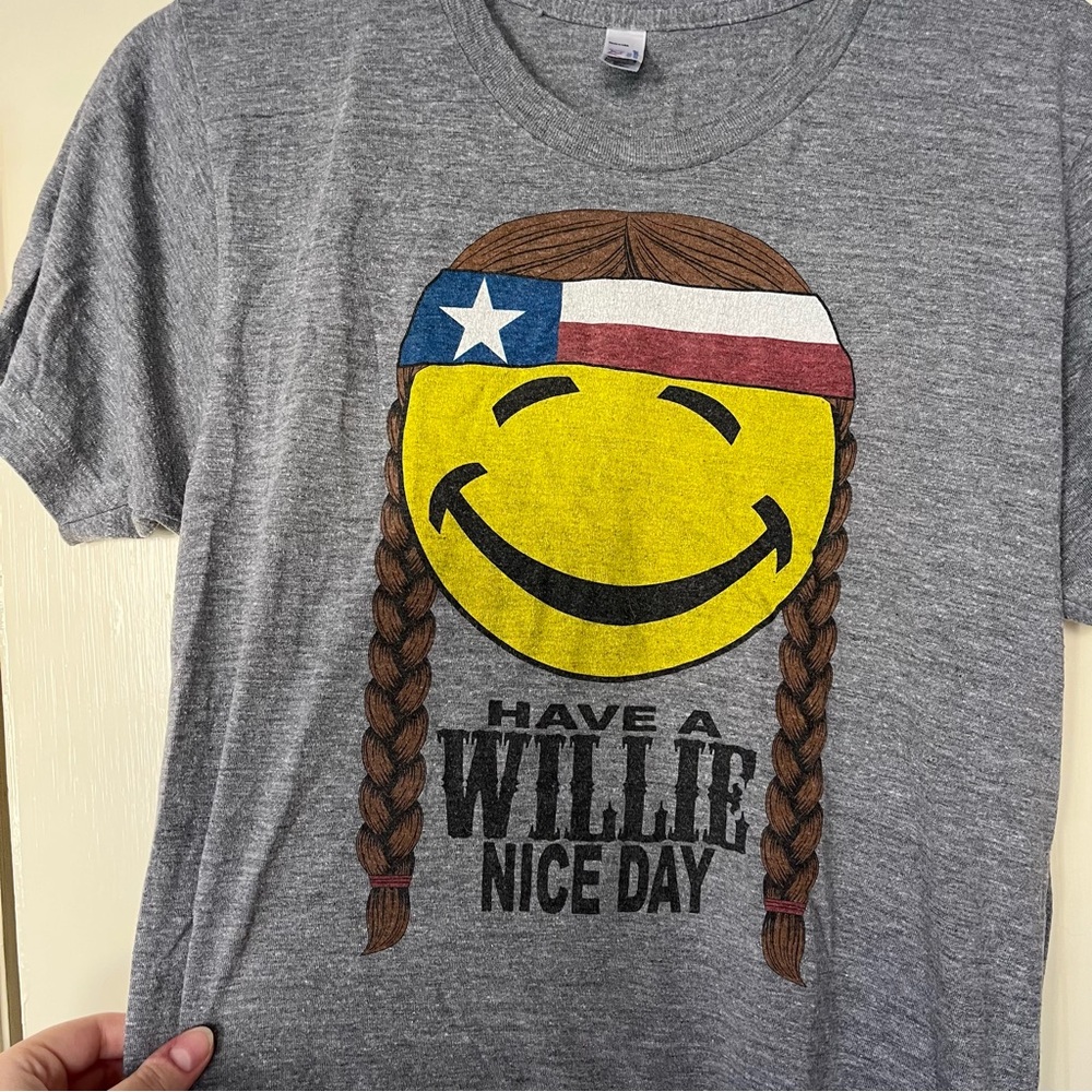 Gray Graphic T-Shirt with Willie Nelson Smiley Face